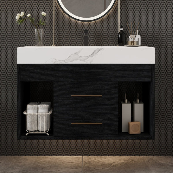 English Elm 29.9" Floating Bathroom Vanity Sintered Stone Top Soft Close Drawers Bronze Gold Hardware W3136S00038