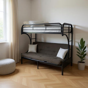 HomeRoots Black Twin Over Queen Bunk Bed – Contemporary Metal Frame for Space-Saving, Safe, and Stylish Sleep Solutions Black 285194