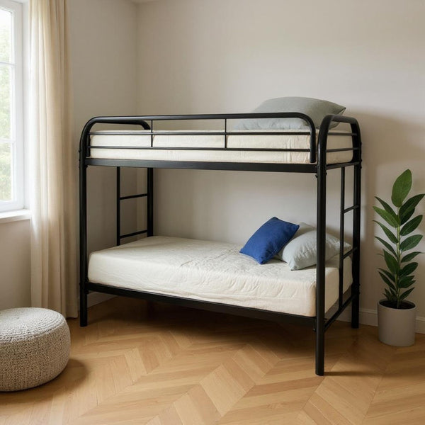 HomeRoots Black Twin Over Twin Metal Bunk Bed - Stylish Space-Saving Design with Safety Guardrails and Ladder Black 285197