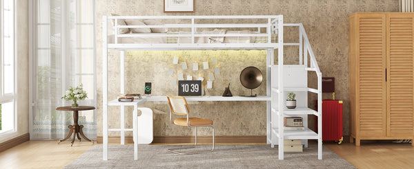 English Elm Full Size Loft Bed With L-Shaped Desk, Wardrobe, Usb, Led Light - Space-Saving Design For All Ages W1580S00133