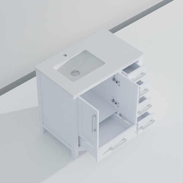 English Elm White Bath Vanity With White Quartz Top, Soft-Close Drawers, And Thoughtful Storage Solutions B2731P258814-GIGA