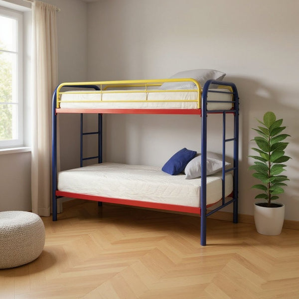 HomeRoots Blue Twin Metal Bunk Bed - Fun, Colorful Space-Saving Design with Safety Features for Kids' Rooms 285200
