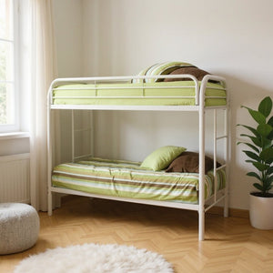 HomeRoots Black Twin Over Twin Metal Bunk Bed - Stylish Space-Saving Design with Safety Guardrails and Ladder White 285202
