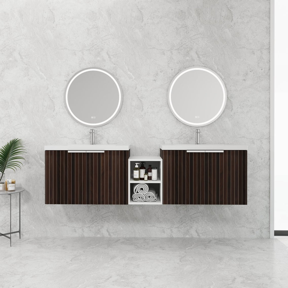 English Elm 72 Inch Soft Close Vanity with Resin Sink & Small Shelves, Wall-Mounted 72" Dual-Door Storage, Eco Plywood Finish W999S00261