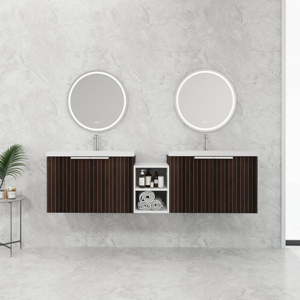 English Elm 72 Inch Soft Close Vanity with Resin Sink & Small Shelves, Wall-Mounted 72" Dual-Door Storage, Eco Plywood Finish W999S00261
