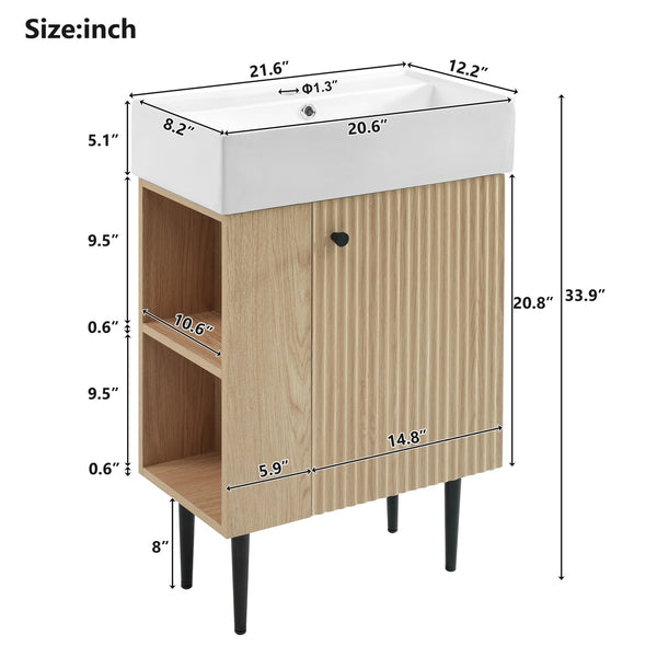 English Elm 21.6" Wood Left Side Storage Bathroom Vanity with Ceramic Sink, Soft-Close Door, Gold Handles, Modern SV000007AAD