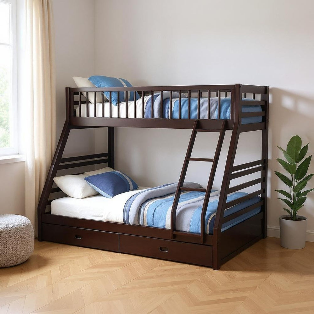HomeRoots Espresso Twin Over Queen Solid Wood Bunk Bed with Storage, Safety Guardrails, and Built-In Ladder 285312