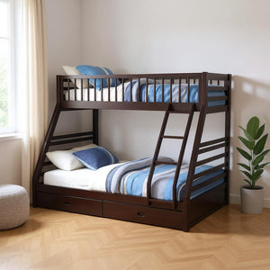 HomeRoots Espresso Twin Over Queen Solid Wood Bunk Bed with Storage, Safety Guardrails, and Built-In Ladder 285312