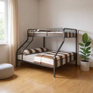 HomeRoots Gunmetal Twin Over Queen Bunk Bed - Modern Metal Frame, Space-Saving Design with Safety Features 285316