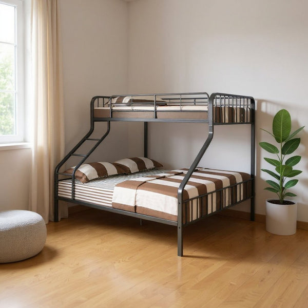 HomeRoots Gunmetal Twin Over Queen Bunk Bed - Modern Metal Frame, Space-Saving Design with Safety Features 285316
