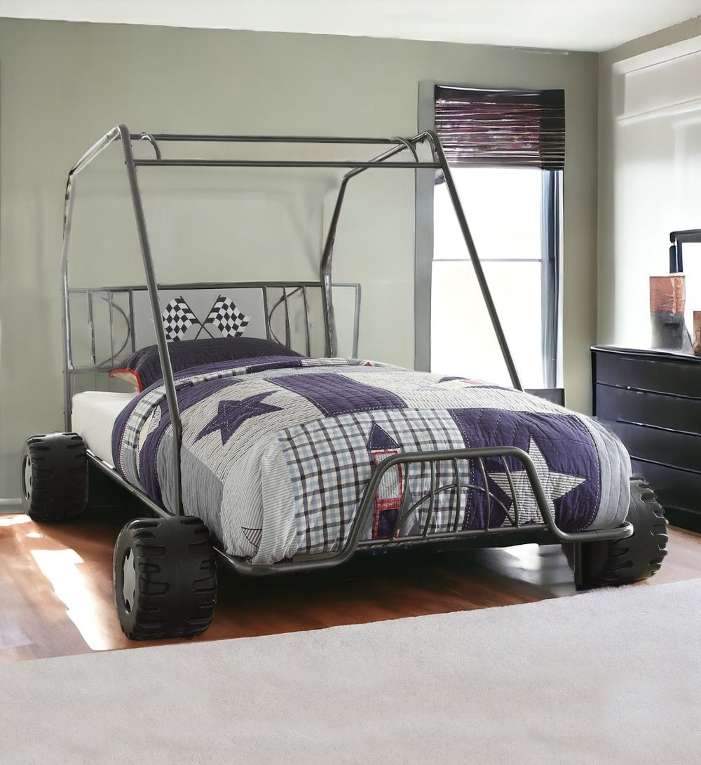 HomeRoots Gunmetal Steel Twin Bed Frame - Modern Minimalist Design for Compact Spaces and Comfortable Sleep Gunmetal 285318