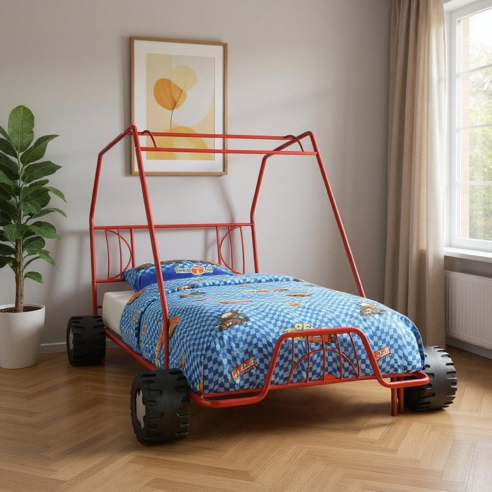HomeRoots Red Steel Twin Bed Frame – Contemporary Design, Durable Construction, Perfect for Kids & Small Spaces 285319