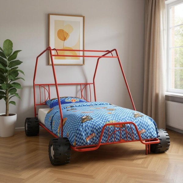 HomeRoots Red Steel Twin Bed Frame – Contemporary Design, Durable Construction, Perfect for Kids & Small Spaces 285319