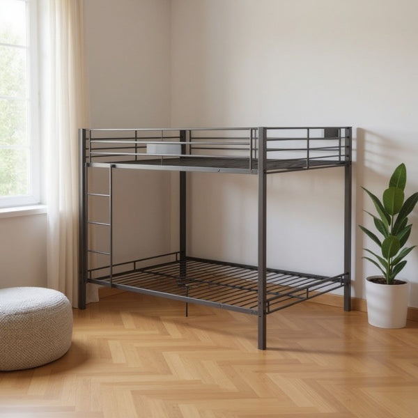 HomeRoots Black Queen-Over-Queen Bunk Bed – Stylish Space-Saving Design with Safety Features for Shared Rooms 285322