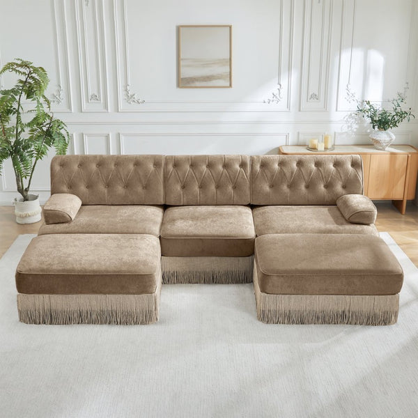 English Elm U Shaped Modular Sectional Sofa Chesterfield Tufted Velvet with Tassel Fringe Skirt Camel W714S01698