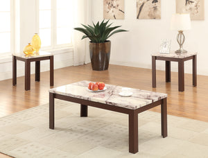 Homeroots 48" X 24" X 18" 3pc Faux Marble And Cherry Coffee And End Table Set   285388