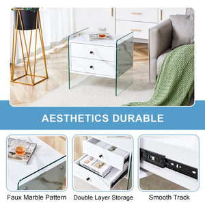 English Elm Double-drawer modern bedside table with MDF surface, tempered glass sides, elegant storage design W1151P191734