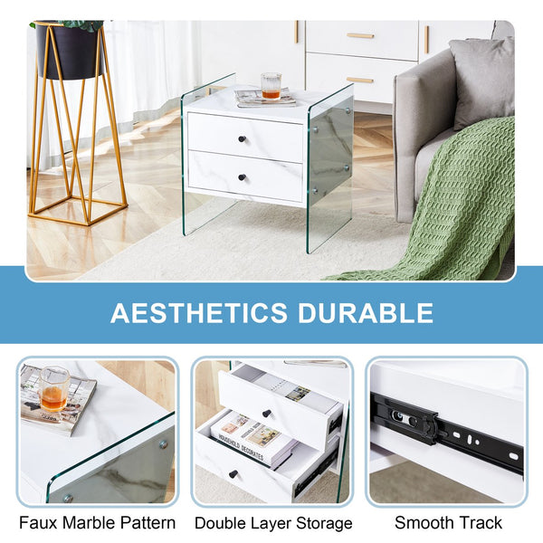 English Elm Double-drawer modern bedside table with MDF surface, tempered glass sides, elegant storage design W1151P191734
