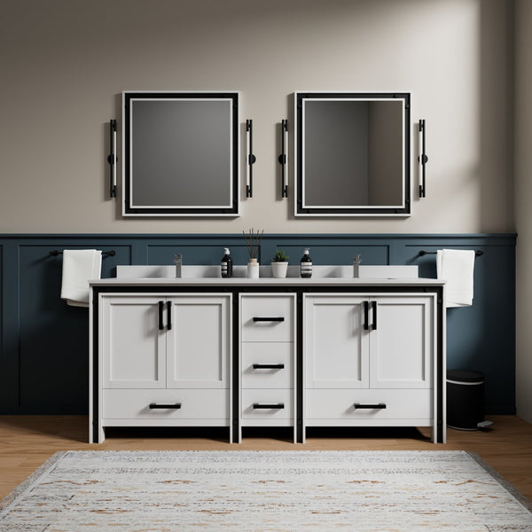 English Elm White Double Bath Vanity 80" W x 22" D with White Quartz Top, Soft-Close Drawers, 30" Mirrors, Ample Storage B2731S00916