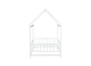 English Elm Twin Size House Floor Bed With Roof Frame & Safety Guardrails - Cozy Wooden Design For Kids' Rooms W504P286403-GIGA