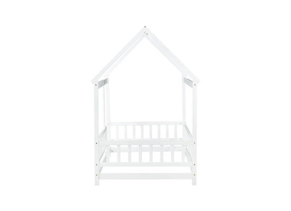 English Elm Twin Size House Floor Bed With Roof Frame & Safety Guardrails - Cozy Wooden Design For Kids' Rooms W504P286403-GIGA