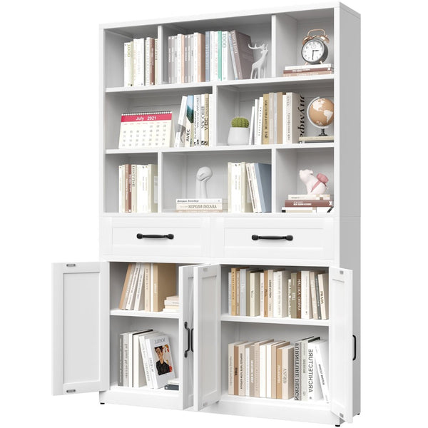 English Elm 71" Tall Metal Bookcase with Open Shelves Drawers and Cabinet Doors for Modern Office T2398S00002