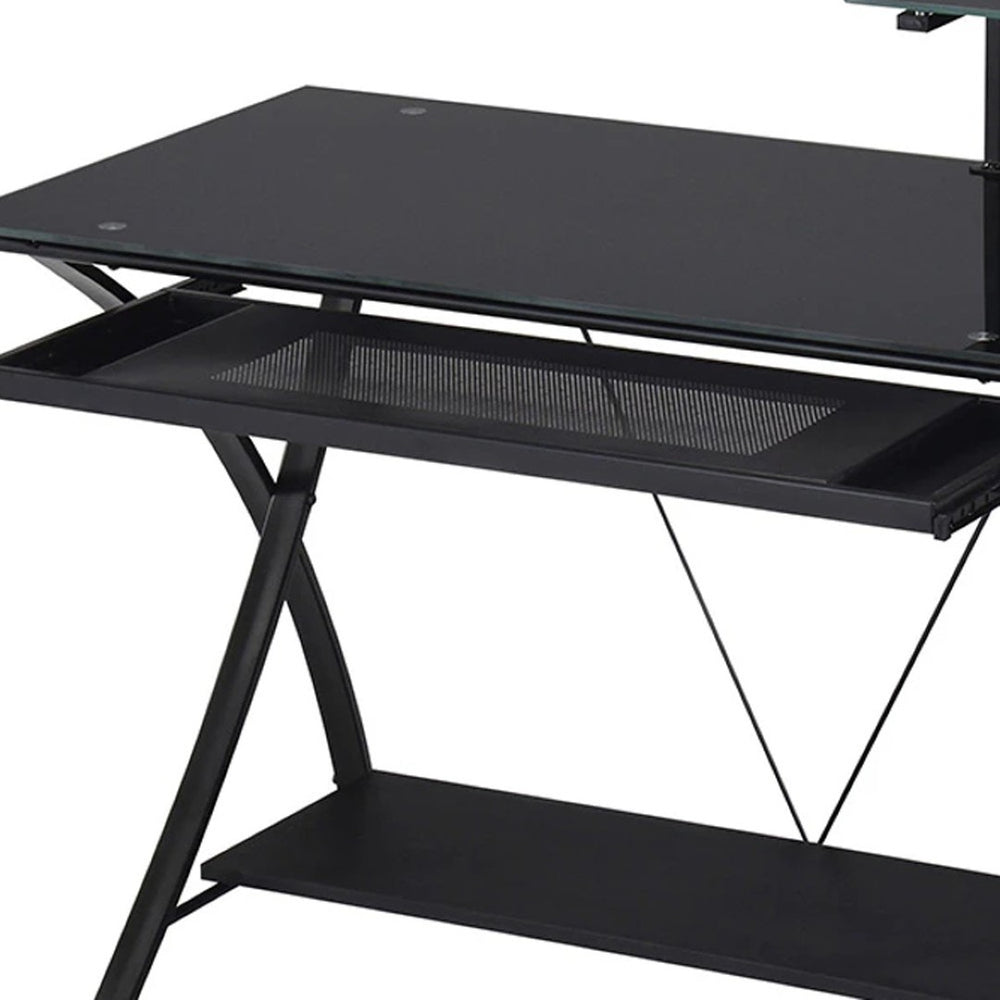HomeRoots 43" Black Glass Computer Desk - Modern, Stylish Workspace with Stainless Steel Base & Bookcase Storage! 285415