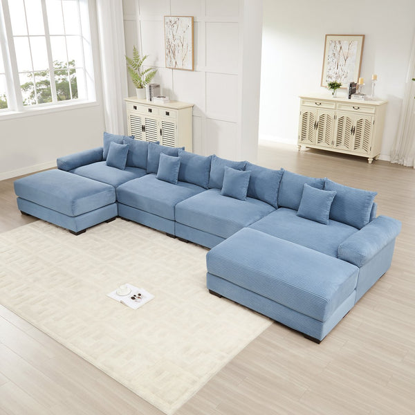 English Elm 170"Oversized 170" Oversized Cloud Modular U-Shape Sectional Couch - Plush Corduroy, Ottoman & 8 Pillows Included W714S01355