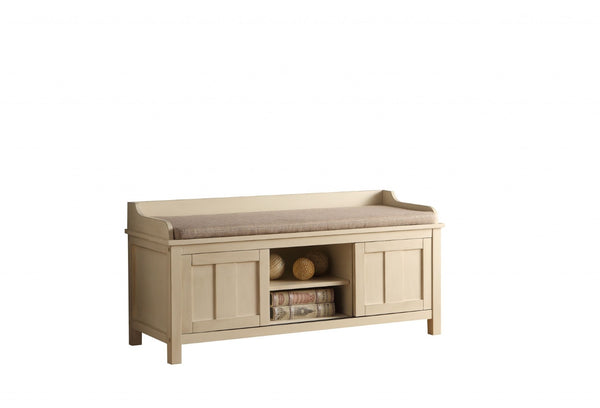 HomeRoots 45" Cream Upholstered Linen Blend Bench with Hidden Storage - Stylish Seating for Any Space! 285469