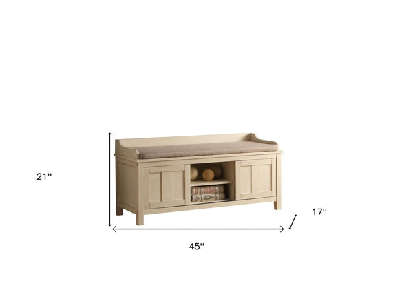 HomeRoots 45" Cream Upholstered Linen Blend Bench with Hidden Storage - Stylish Seating for Any Space! 285469