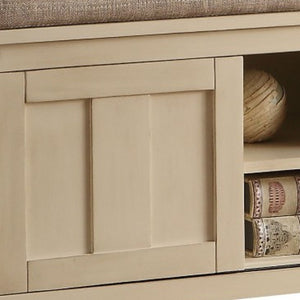 HomeRoots 45" Cream Upholstered Linen Blend Bench with Hidden Storage - Stylish Seating for Any Space! 285469