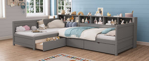 English Elm Twin Corner Daybed with Storage Drawers Bookshelf Wood L-shape Frame for Small Rooms Grey N733S369272E