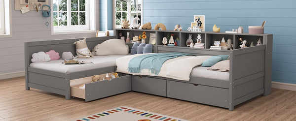English Elm Twin Corner Daybed with Storage Drawers Bookshelf Wood L-shape Frame for Small Rooms Grey N733S369272E
