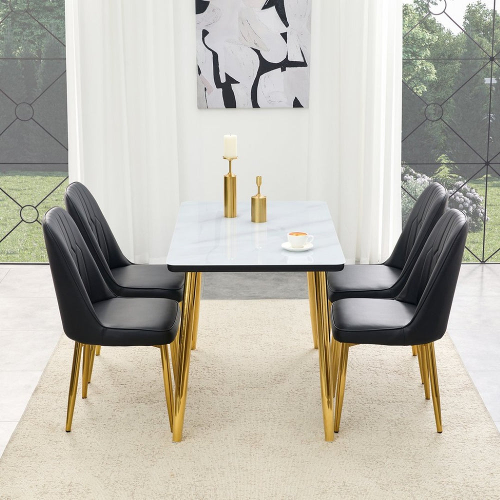 English Elm Table and Chair Set Marble Glass Top Gold Legs Black Pu Seats Modern Dining W1151S04650