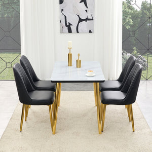 English Elm Table and Chair Set Marble Glass Top Gold Legs Black Pu Seats Modern Dining W1151S04650