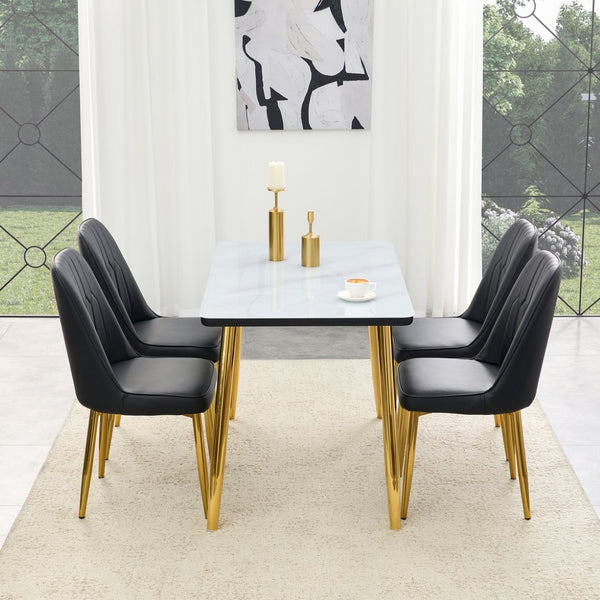 English Elm Table and Chair Set Marble Glass Top Gold Legs Black Pu Seats Modern Dining W1151S04650