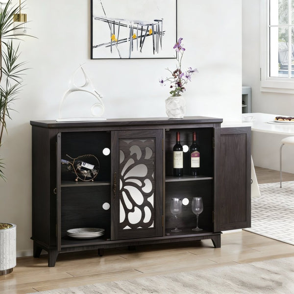 English Elm 49.33" Mirrored Lattice Buffet Cabinet with Adjustable Shelves Vintage Wood Grain Sideboard Dark Brown W2899P372741