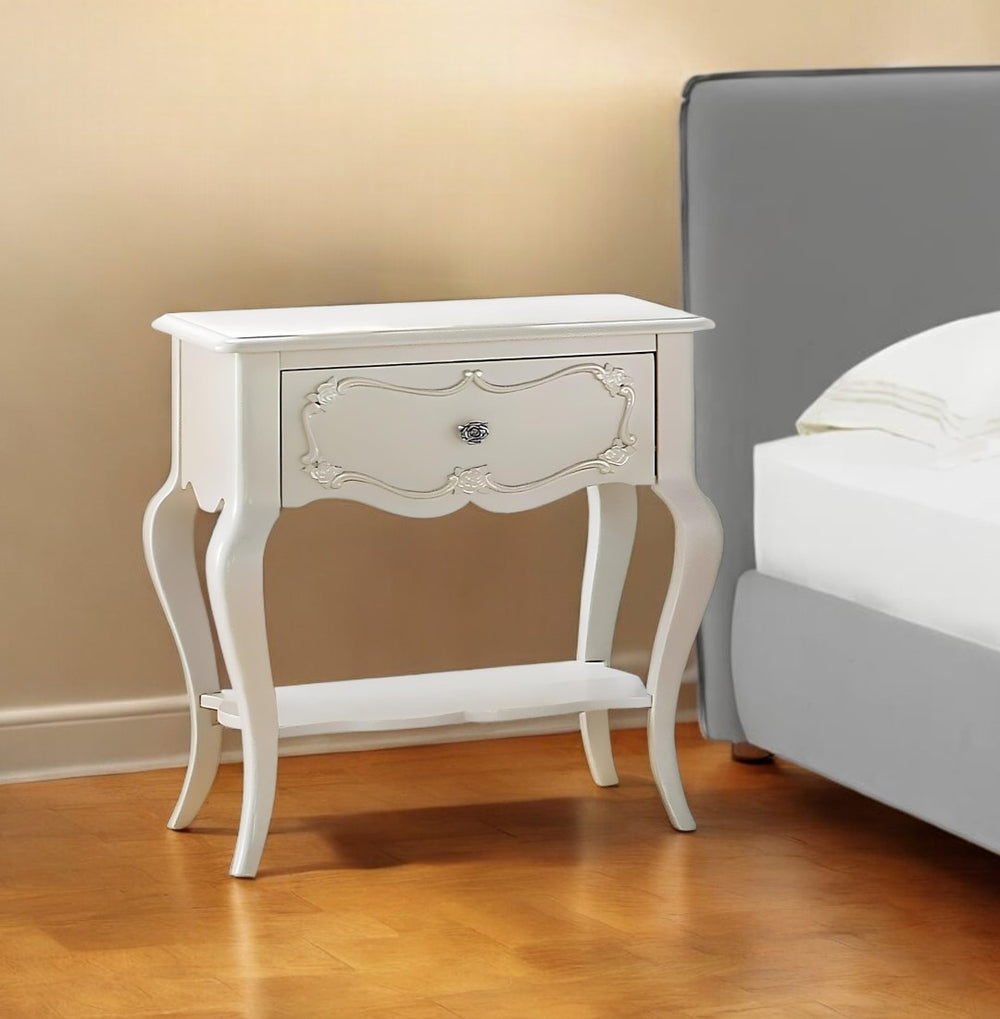 HomeRoots 26" Solid Wood Nightstand with Mirrored Glass Accents – Elegant Storage & Versatile Design for Any Room Pearl White 285572