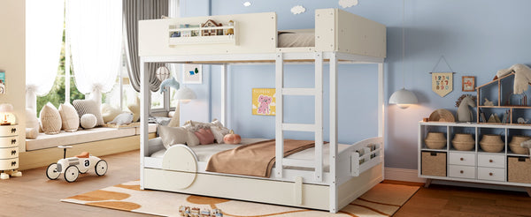 English Elm Queen Bunk Bed with Trundle Solid Pine Kids Car Themed Frame Built-in Bookshelf Beige+White W1580S00446