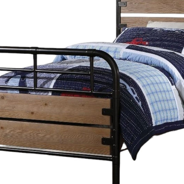 HomeRoots Black Twin Bed Frame with Shiplap Texture Wood and Metal, Modern Farmhouse Style for Cozy Spaces Antique Oak 285582
