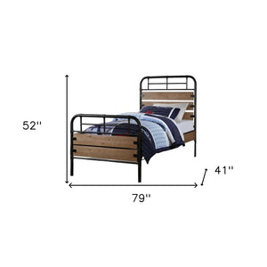 HomeRoots Black Twin Bed Frame with Shiplap Texture Wood and Metal, Modern Farmhouse Style for Cozy Spaces Antique Oak 285582