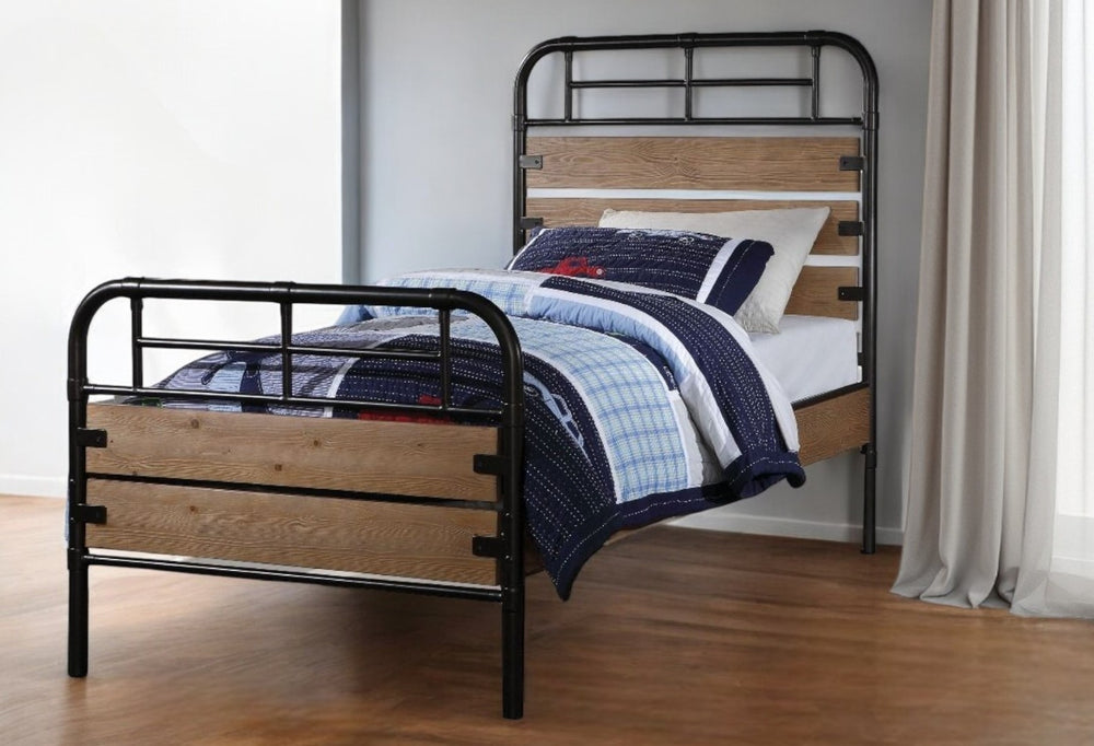 HomeRoots Black Twin Bed Frame with Shiplap Texture Wood and Metal, Modern Farmhouse Style for Cozy Spaces Antique Oak 285582