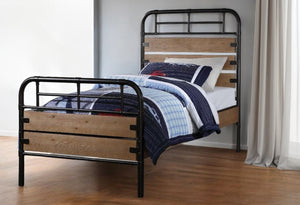 HomeRoots Black Twin Bed Frame with Shiplap Texture Wood and Metal, Modern Farmhouse Style for Cozy Spaces Antique Oak 285582
