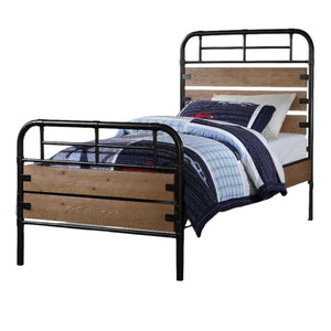 HomeRoots Black Twin Bed Frame with Shiplap Texture Wood and Metal, Modern Farmhouse Style for Cozy Spaces Antique Oak 285582