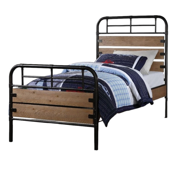 HomeRoots Black Twin Bed Frame with Shiplap Texture Wood and Metal, Modern Farmhouse Style for Cozy Spaces Antique Oak 285582