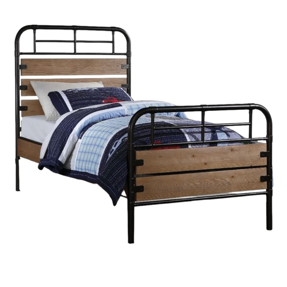 HomeRoots Black Twin Bed Frame with Shiplap Texture Wood and Metal, Modern Farmhouse Style for Cozy Spaces Antique Oak 285582