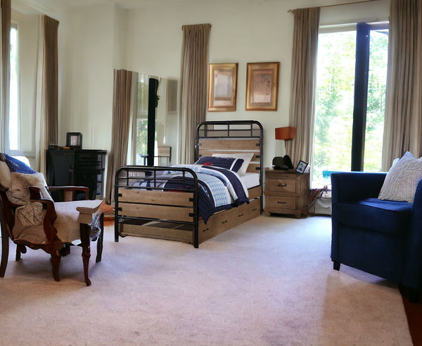 Homeroots Brown And Black Solid Wood Twin Bed Frame Antique Oak Solid Wood 285583