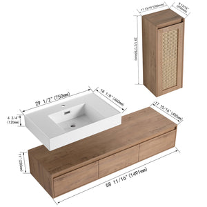 English Elm 60 Inch Wall-Mounted Bathroom Vanity Set With Resin Sink, Soft-Close Drawers & Side Cabinet Storage W999S00357