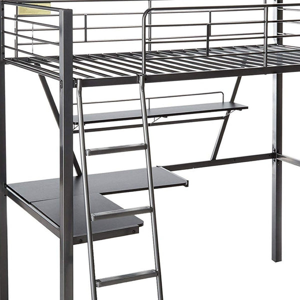 HomeRoots 79" Stylish Silver and Black Metal Tube Loft Bed with Desk for Space-Saving Teen Retreat 285607