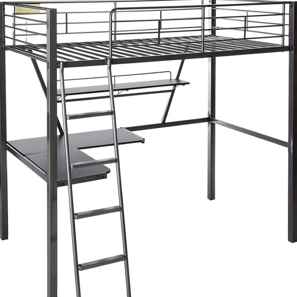 HomeRoots 79" Stylish Silver and Black Metal Tube Loft Bed with Desk for Space-Saving Teen Retreat 285607